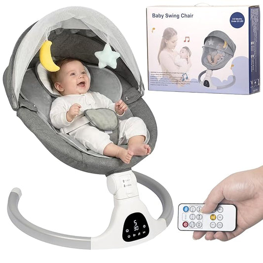 JFOVMCYG Electric Baby Swing for Infants 0-9 Months, Portable Infant Swing with 5 Swing Speeds, Bluetooth Audio, Remote Control, Washable Seat Cover, Gray, Up to 20 lbs