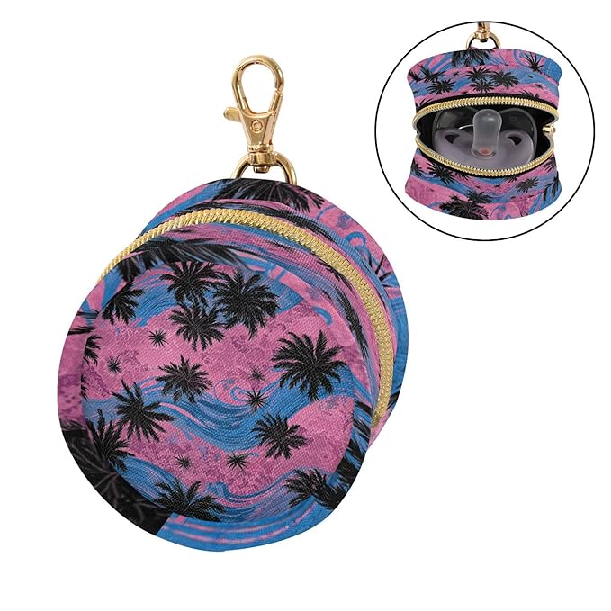 Pacifier Holder with Clip Pacifier Case for Diaper Bag Round Baby Pacifier Pouch Box Bag Portable Palm Tree Wave Pink Blue