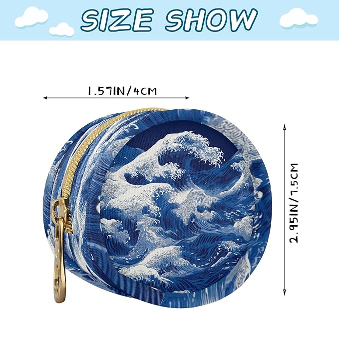 Pacifier Holder with Clip Pacifier Case for Diaper Bag Round Baby Pacifier Pouch Box Bag Portable Japanese Deep Blue Sea Waves