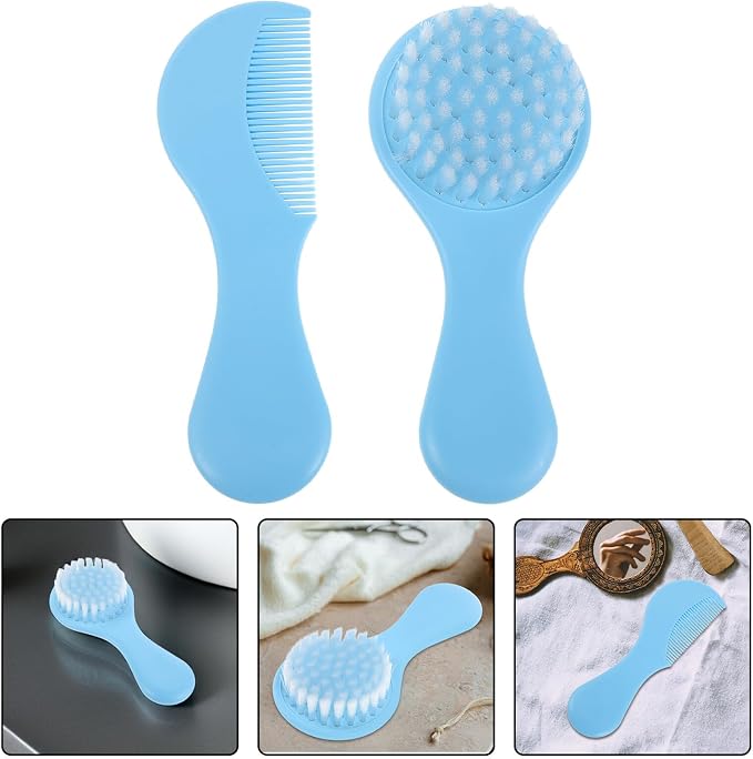 HEMOTON Hair Brush and Comb Grooming Set for Infants Soft Bristle Cradle Cap Brush with Blue Handle Gentle Bath and Comb Kit for Boys