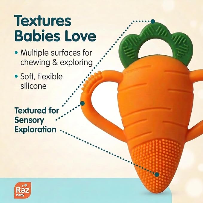 RaZbaby Bunny Snuggly w/Carrot Teething Relief Toy ??Soothes Sore Gums w/Nature-Inspired Texture, 100% BPA-Free Silicone Teether, Soft Minky Stuffed Animal ??All Ages