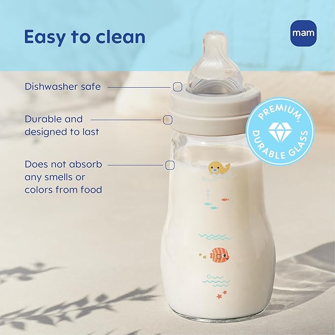 MAM 9oz Premium Glass Wide Neck Baby Bottle with Medium Flow Breastfeeding-Like Silicone Nipple, Easy to Clean, BPA Free, 2+ Months, Easy Switch Between Breast and Bottle, Made in Europe, 3 Pack