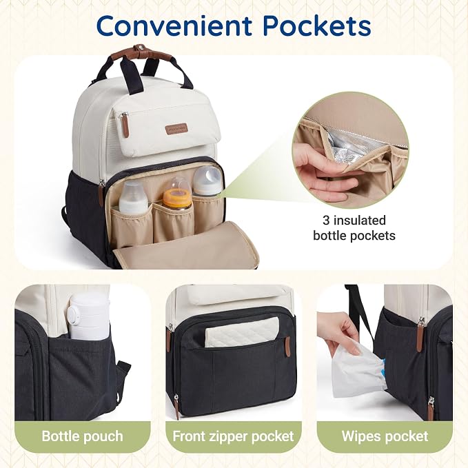 mommore Diaper Bag Backpack, Large Diaper Bag Travel Essentials for Mom Dad, Quick Access Baby Bag with Insulated Pockets, Changing Pad, Stroller Straps