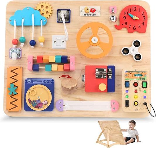 Large Montessori Busy Board for Toddlers - Wooden Sensory Activity Board with LED Light & Stand - Jumbo Fine Motor Skills Learning Toy with 20 Activities- Educational Kids Gift for Boys Girls