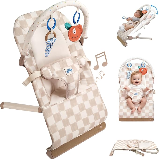 Tiny Marvels Baby Bouncer Seat 0–12 Months, Ergonomic Portable Design with 3-Point Harness, Soothing Music & Removable Bar, Foldable Baby Seat for Newborns & Toddlers Under 20 lbs