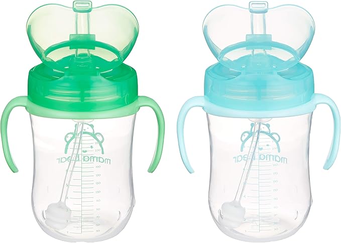 Amazon Brand - Mama Bear Spill Proof Dishwasher Safe Silicone Weighted Straw Sippy Cup with Removable Handles, BPA Free, 9 Ounces, Blue/Green, Pack of 2