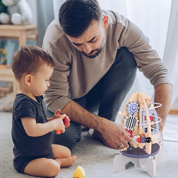 Wdmiya Space Wooden Activity Cube Toys for Baby, Montessoritoys for 1 Year Old Boy & Girl Birthday Gifts, Sensory and Educational 1st Birthday Gifts, Busy Board Toys for Baby Boy 6-18 Months (Rocket)