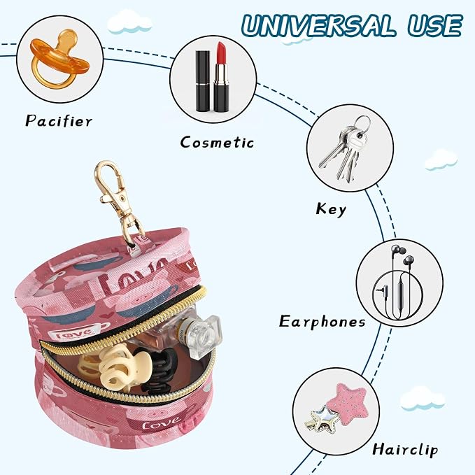 Pacifier Holder with Clip Pacifier Case for Diaper Bag Round Baby Pacifier Pouch Box Bag Portable Pink Cute Pigs in Cups and Hearts