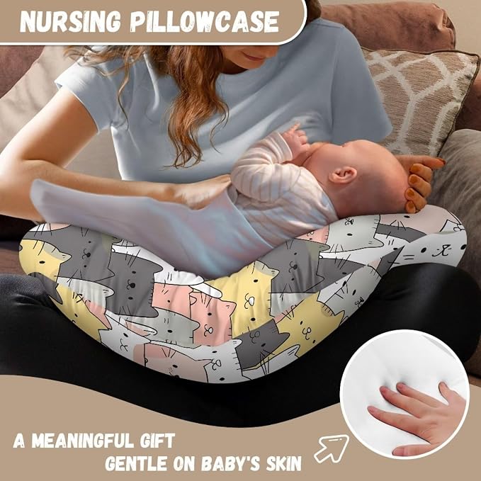 Cute Cat Nursing Pillow Slipcover Sleeve, Ultra-Soft Baby Nursing Pillow Removable Cover for Breastfeeding Pillows, Pillow Not Included