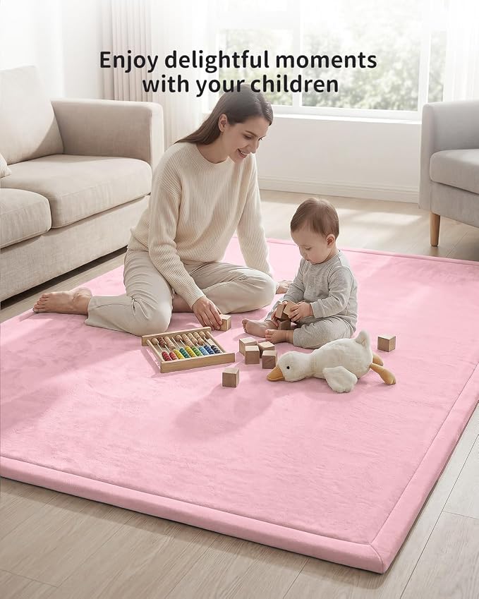 Goyuu Ultra Soft 1.3" Thick Baby Play Mat for Floor, 79x59 Playpen Mat Elasti-Foam Padded Crawling Mat for Babies, Toddlers, Infant, Kids, Non-Slip Backing Safe for Tummy Time Pink