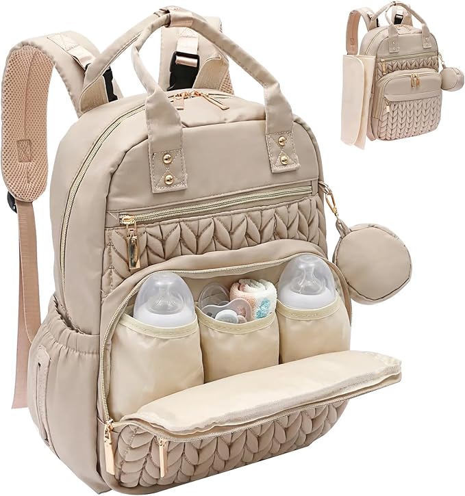 Diaper Bag Backpacks Stylish Baby Diaper Bag Waterproof Travel Backpack with Changing Pad Stroller Strap Insulated Pockets(Khaki)