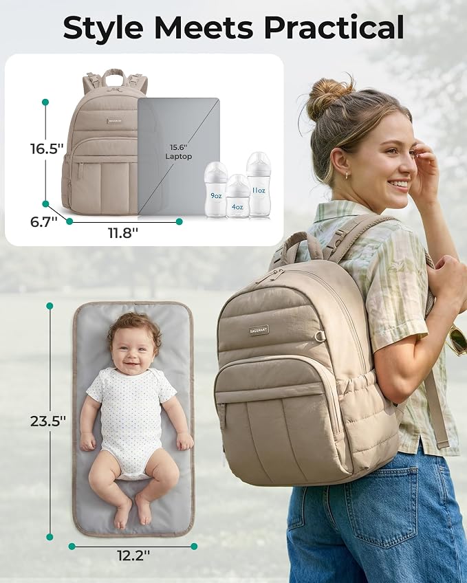 BAGSMART Diaper Bag Backpack, Multi-Pocket Puffy Diaper Bag with Waterproof Changing Pad, Lightweight Stroller-Friendly Diaper Bag with Insulated Pockets, Easy-Access Baby Essential, Black