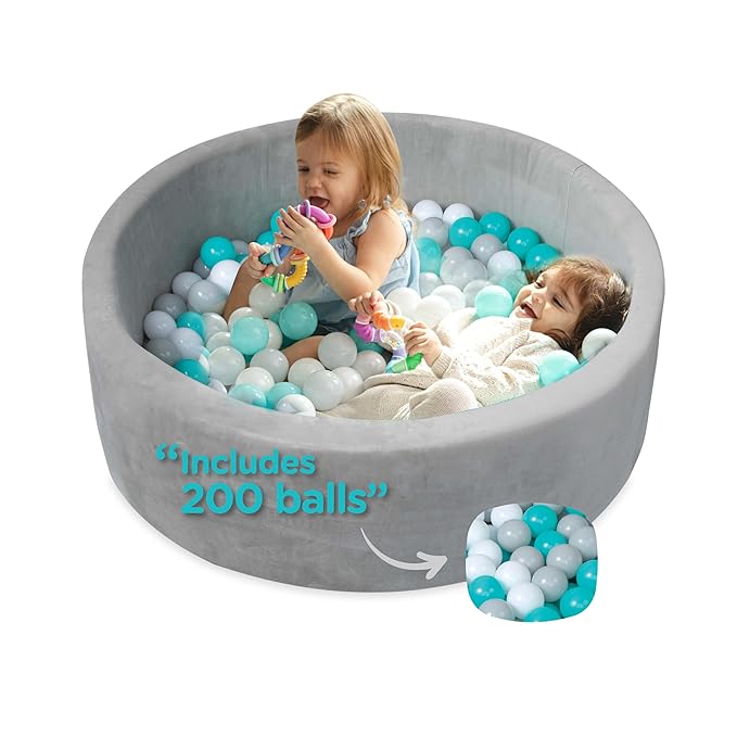 Nuby Velvet Ball Pit - 200 Colored Balls Included - Soft Foam Play Pit for Baby and Toddlers, Indoor/Outdoor Playpen, Play Gym - Aqua & Gray