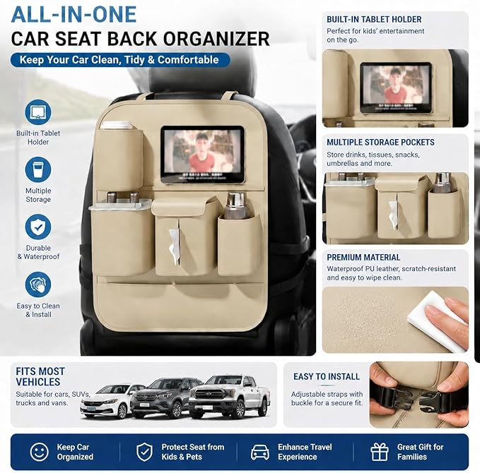 XDV Car Seat Organizers,Multi-functional Back Seat Protectors, Storage Pouches Kick Mats,Child kicking prevention and Tray Holders Tissue Box(for Cars, Kids, Seat Back and Rear Seats) (2, Beige)