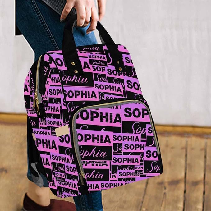 Artsadd Personalized Name Nappy Bag Large Capacity Baby Diaper Bags, Black Purple Signature Daypack Custom Name Backpack Casual Daypack Bag Gifts for Niece Daughter Granddaughter