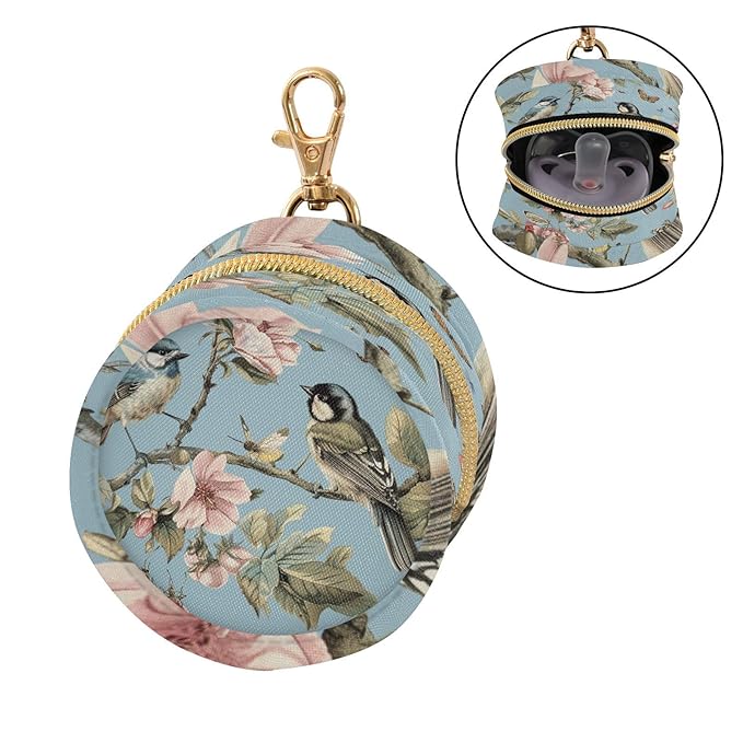 Pacifier Holder with Clip Pacifier Case for Diaper Bag Round Baby Pacifier Pouch Box Bag Portable Birds on The Floral Branches