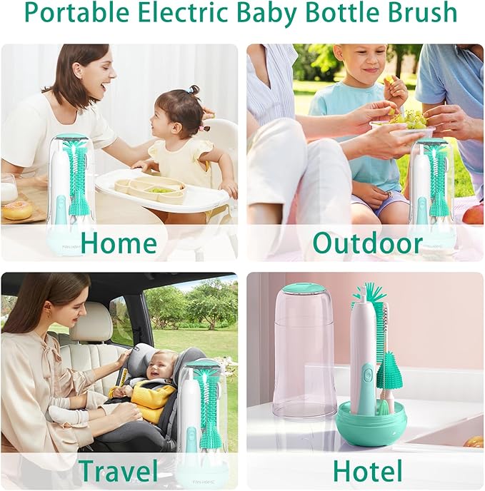 Electric Bottle Brush Cleaner, Portable Rechargeable Baby Bottle Cleaner Kit for Travel with Silicone Nipple & Straw Brush, Drainage Rack, Storage Box(Green)
