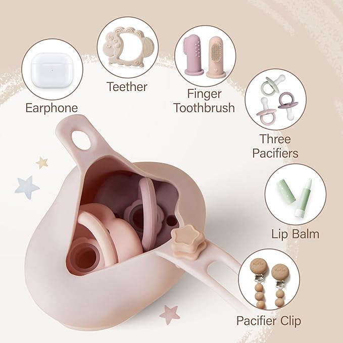 2 Pack Moonkie Silicone Pacifier Holder Case & Set of 2 BPA-Free Baby Pacifiers with Large Air Holes, Portable Storage for Babies 6 Months & Up