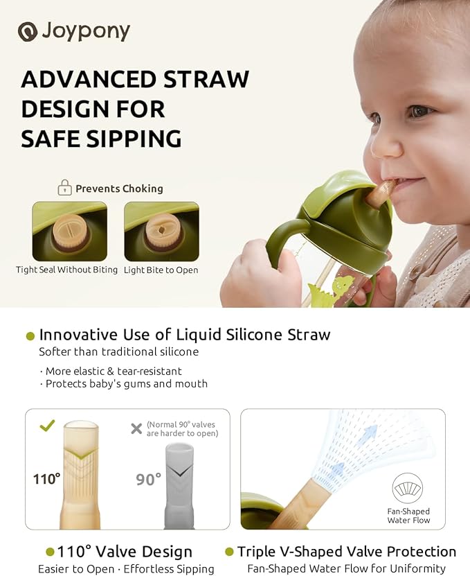 Joypony Sippy Cups for Toddlers 1-3, Spill Proof Weighted Straw Cup with Handle for Baby 6 Months + old, 2 Silicone Straws, PPSU, BPA Free, 9 oz (Green)