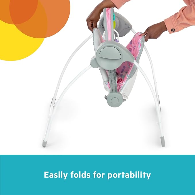 Bright Starts Pink Paradise Portable Compact Automatic Baby Swing with Music, Unisex, Newborn +