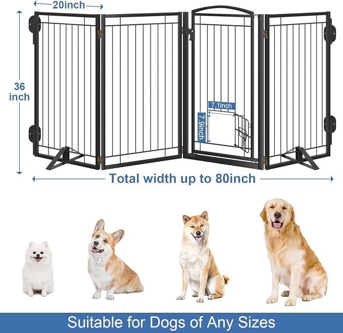 36" Tall Metal Freestanding Dog Gate with Cat Door for Indoor&Outdoor,80" Extra Wide Foldable Pet Gate,Foldable Indoor Dog Fence for Wide Openings Stairs,Deck,Yard,Doorways(4 Panels,Black)