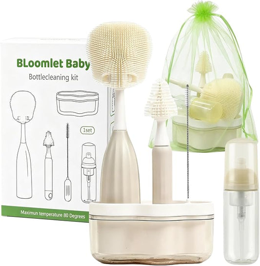 Baby Bottle Brush Set, Silicone Bottle Brush Cleaner with Nipple & Straw Brushes, Push-Press Bubble and Drying Rack for Bottle Cleaning,BPA-Free,Bottle Washer Brush for Breast Pump