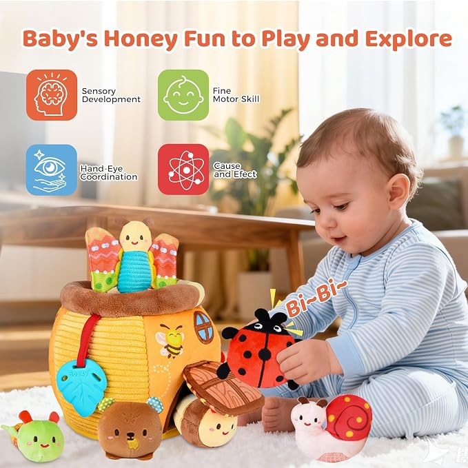 Baby Toys 6-12 Months- Surprise Soft Barn with Stuffed Animals, Rattle, Crinkle Paper, Squeaker, Mirror, Busy Montessori Soft Toys for Toddlers 0-3 Years Old, 1 Year Old Boy Girl Gifts
