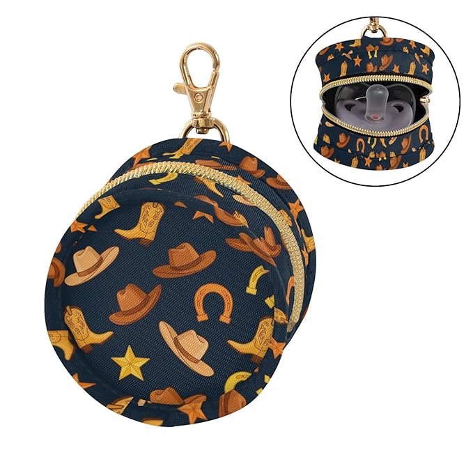 Western Cowboy Blue Pattern Pacifier Holder Case Newborn Pacifier Storage Pouch for Boys Girls Easy Attach to Diaper Bag Portable Baby Essentials Container