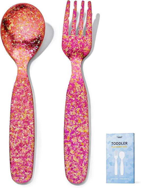 KINGSTONE Toddler Utensils Set, Pure Titanium 2-Piece Fork & Spoon Gift Set, Lightweight Kids Silverware for Self-Feeding Training, Easy Grip, BPA-Free, Dishwasher-Safe, Red
