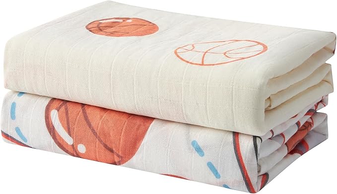 Muslin Swaddle Blankets for Newborn, 2 Pack Large 47"x47" Soft Breathable Bamboo Cotton Baby Blanket, Lightweight Receiving Blanket for Boys and Girls, Basketball Fun