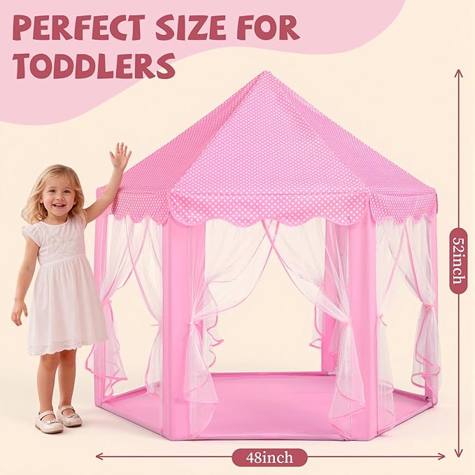 Sumbababy Princess Castle Tent for Girls Fairy Play Tents for Kids Hexagon Playhouse with Fairy Star Lights Toys for Children or Toddlers Indoor or Outdoor Games (Pink)