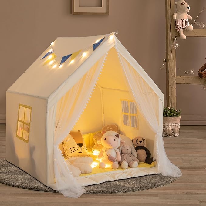 HONEY JOY Kids Tent, Large Kids Play Tent w/Washable Padded Mat, Star Lights, Flags, Windows & Storage Pocket, Indoor Outdoor Toddler Playhouse, 48” x 42” x 50”, Tent for Kids Boys Girls