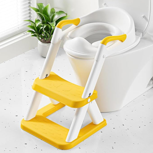 Potty Training Toilet Seat with Steps, 2-in-1 Toddler Toilet Seat for Boys Girls with Splash Guard Soft Anti-Slip Pad,Yellow