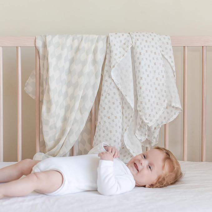 Muslin Swaddle Blankets - Set of 2 Gender Neutral Patterns- Large 47"x47",Organic Cotton & Viscose from Bamboo, Extra Soft Newborn Swaddles, Baby Shower for Boys & Girls (Gray Waves & Crosses)
