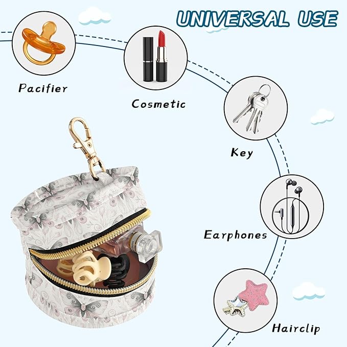 Flower Butterflies White Print Pacifier Holder Case with Clip Portable Pacifier Storage Cover for Girls Boys