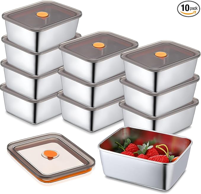 Layhit 10 Set Stainless Steel Food Containers with Lids Metal Marinating Snack Containers Box for Lunch, Leftovers, Dishwasher & Freezer Safe (18 oz)