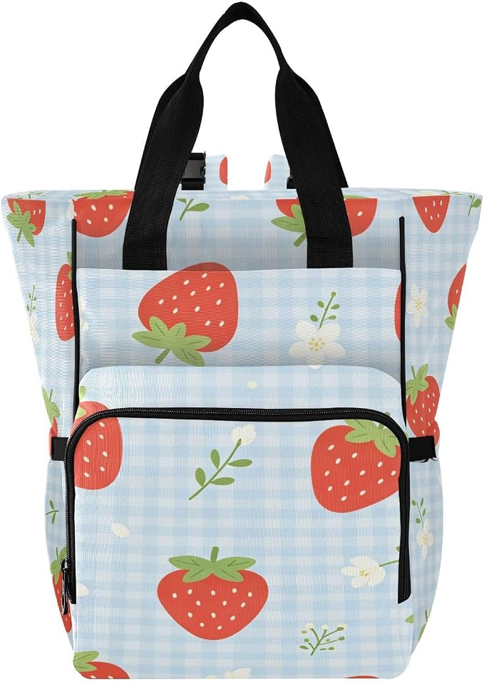 Personalized Strawberry Flower Blue Gingham Diaper Bag Insul Pockets Mom Dad