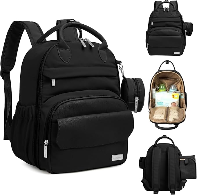 KeaBabies Diaper Bag Backpack - Small Multifunctional Travel Diaper Back Packs, Maternity Baby Changing Bags, 12L Capacity, PU Leather, Waterproof, Unisex, Nappy Changing Pad (Trendy Black, Small)