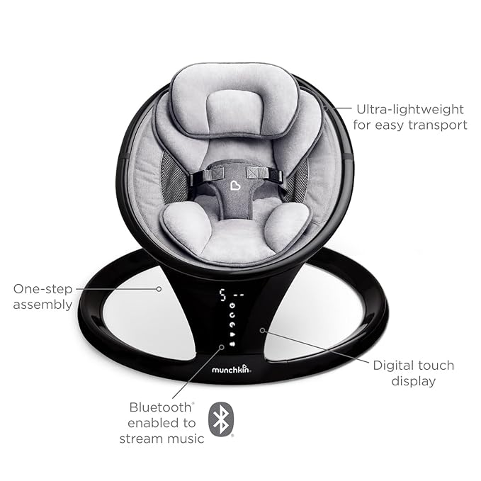 Munchkin Electric Baby Swing, Portable and Lightweight, Bluetooth Enabled Infant Rocker with Natural Sway in 5 Ranges of Motion, Newborn Nursery Essentials, Black/Grey