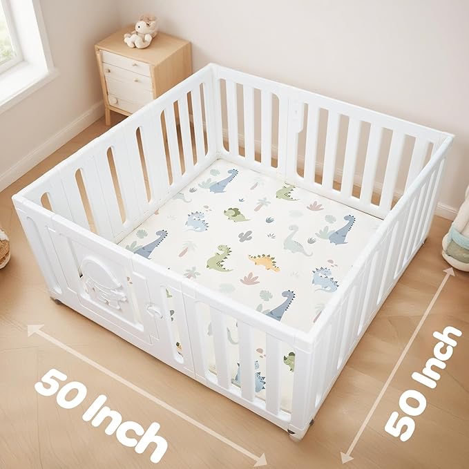1.5" Thick Premium Baby Play Mat for Floor, 50x50 Padded Memory Foam Play Mat, Tummy Time Crawling Playmat for Nursery Playroom Classroom, Dinosaurs