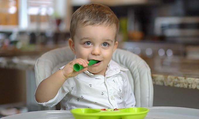 Olababy 100% Silicone Soft-Tip Training Spoon and Suction Bowl with Lid (Blueberry) Bundle