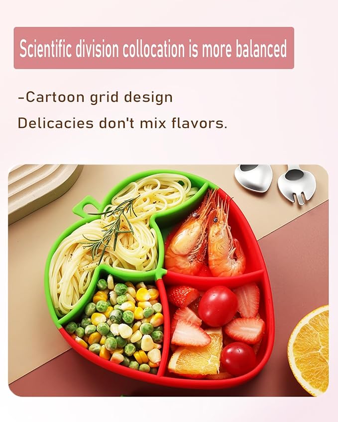 4-Piece Silicone Baby Feeding Set ??Baby Plates with Strong Suction, Toddler Plates Set, Unbreakable Food-Grade Silicone Divided Plate with Spoon, Fork & Bib