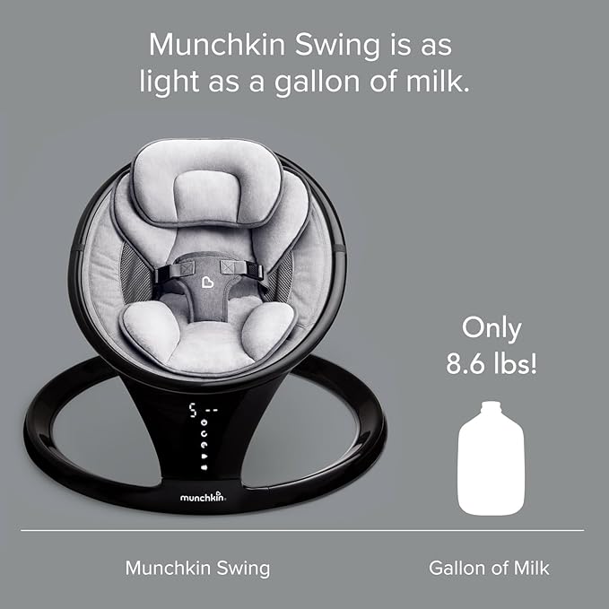Munchkin Electric Baby Swing, Portable and Lightweight, Bluetooth Enabled Infant Rocker with Natural Sway in 5 Ranges of Motion, Newborn Nursery Essentials, Black/Grey