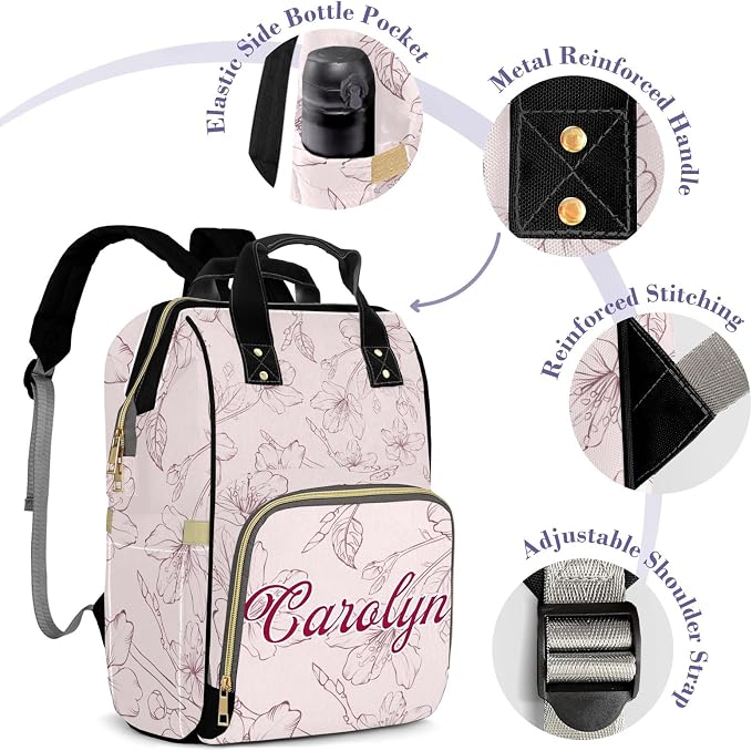 Custom Diaper Bag with Name Personalized Multifunctional Mommy Backpack for Shoulders Outdoor Backpack for Newborn Baby Thermal Pockets Nursing Bags （Flower）