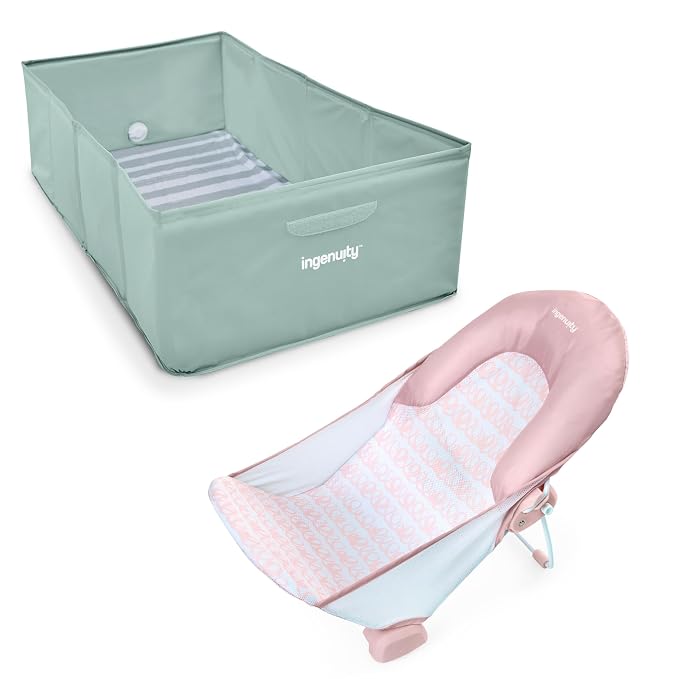 Ingenuity Tuckaway Toddler Folding Tub & Foldaway 2-Position Baby Bath Seat, Portable Bathtub for Travel, Adjustable Support for Sink or Shower, Easy to Clean, Ages 0-5 Years