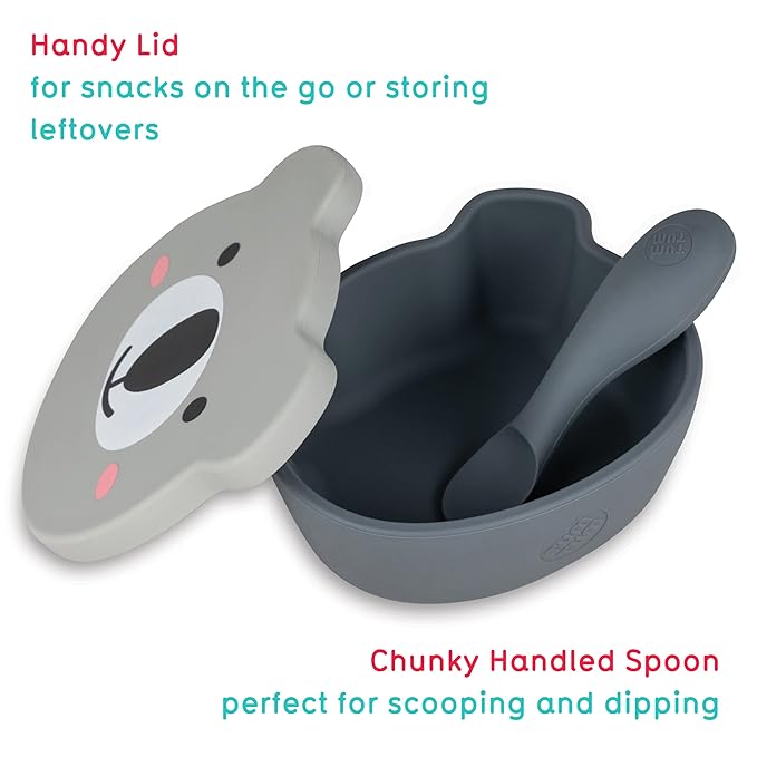 TUM TUM Suction Bowl For Baby, Toddler Bowl With Lid & Spoon, For Babies & Toddlers 6 Months+, BPA Free Silicone Baby Feeding Set, Microwave/Dishwasher/Freezer Safe, Kev Koala, Grey