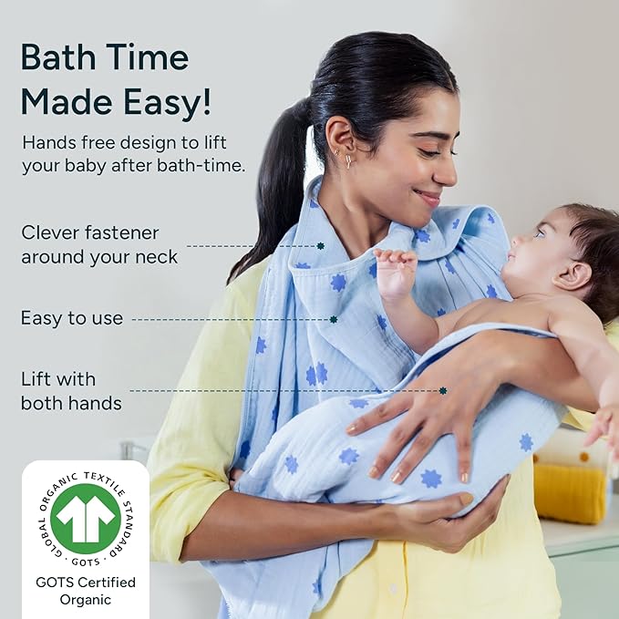 Hands-Free Hooded Towel 100% Organic Premium Muslin Cotton, 30" x 30", Ultra-Absorbent, Soft, Breathable, Hypoallergenic, Multipurpose, Gifts for Babies & Infants
