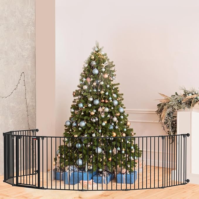 Kfvigoho Baby Gate 27.5"-199" Extra-Wide Playpen with Stands, Play Yard Child Safety Fence, Dog Gate with Auto-Close Door, Double Locking System for Fireplace, Foldable 8 Panels, Black 29" Height