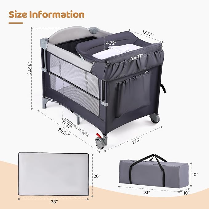JOYMOR 5-in-1 Pack and Play with Bassinet and Changing Table, Lightweight Travel Crib, Foldable Baby Playard, Waterproof Changing Top, Carry Bag & Wheels