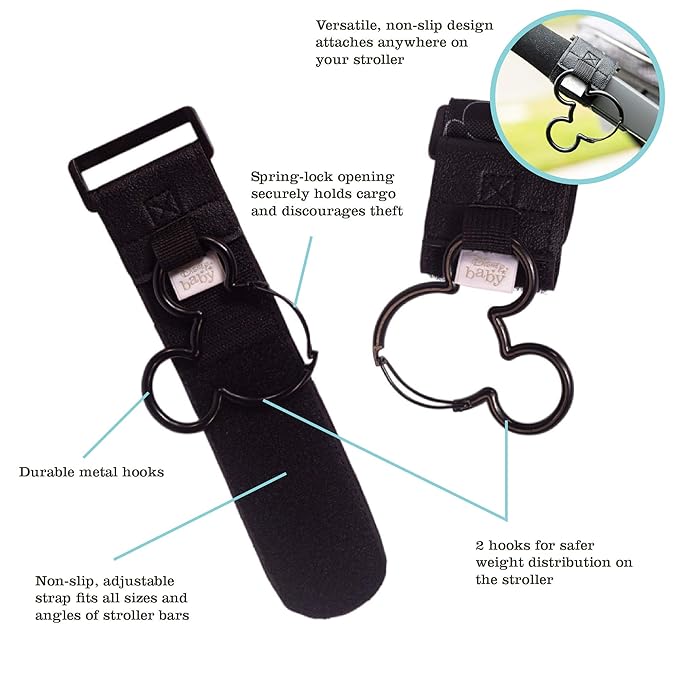 J.L. Childress Disney Baby Cups 'N Cargo Universal Stroller Organizer & Accessory, Mickey Black & Disney Baby Mickey Stroller Hooks, 2 Pack, Black